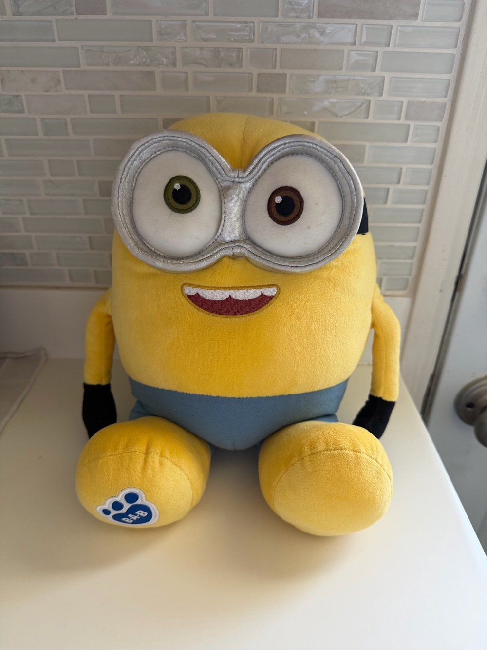 Build-A-Bear Yellow Minion Plush with Blue Outfit and Silver Goggles